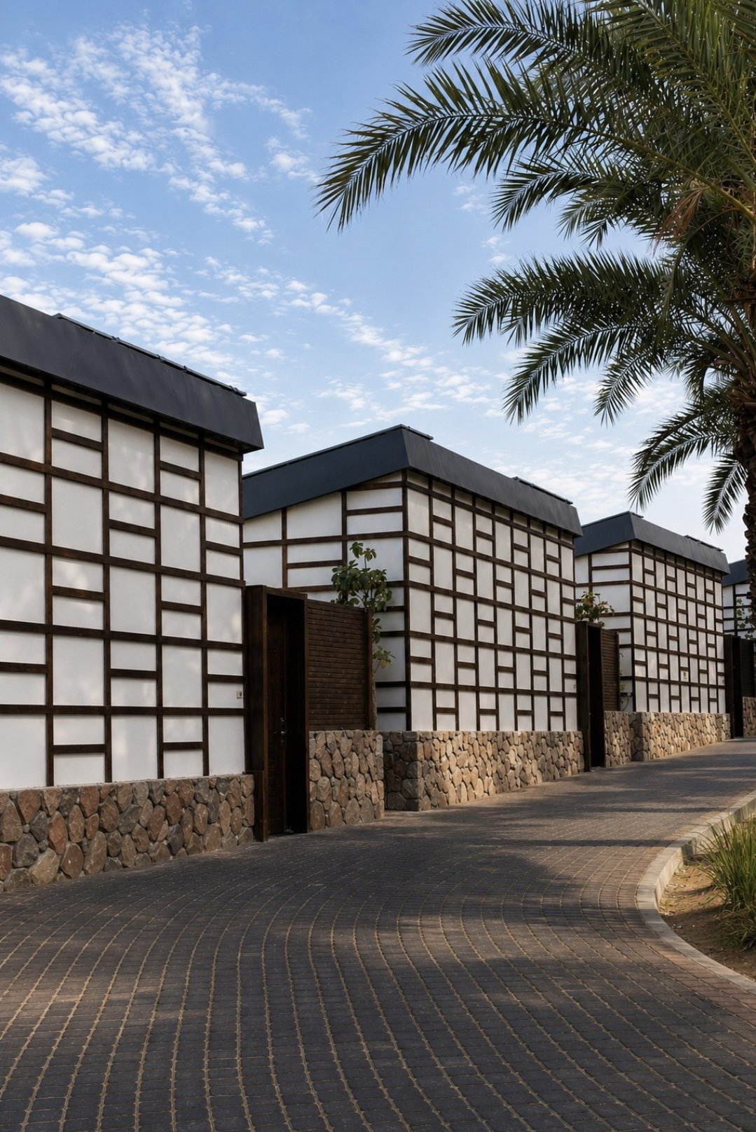 The Thai-inspired facade and its palms