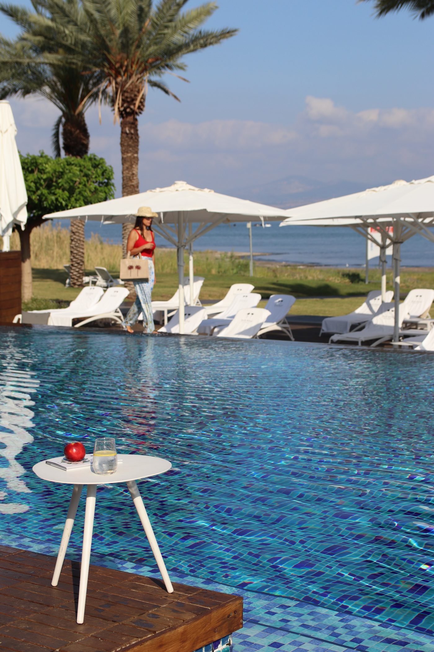 The pool, loungers and parasols opening onto the lake