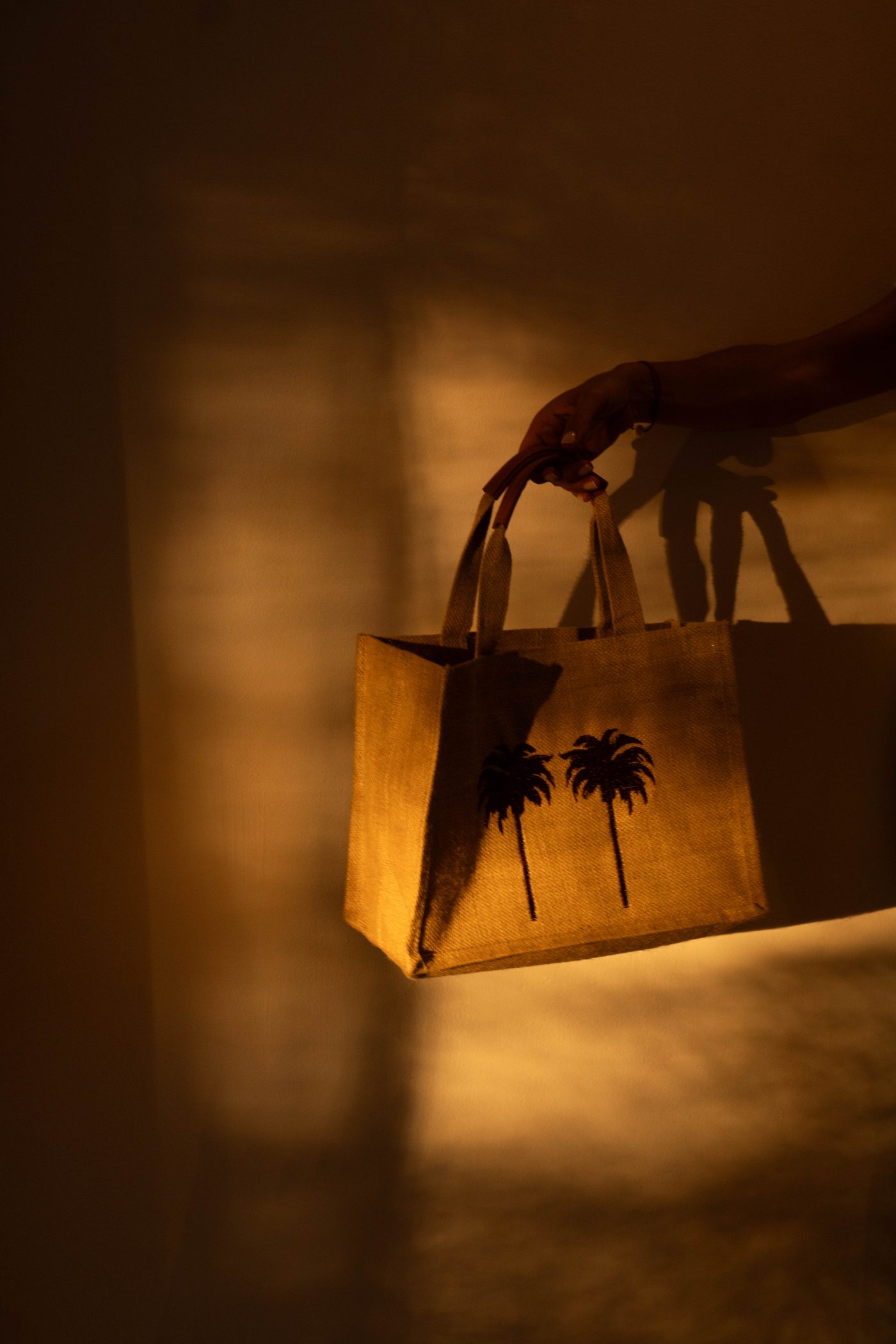 The palm-print tote against a warm wall