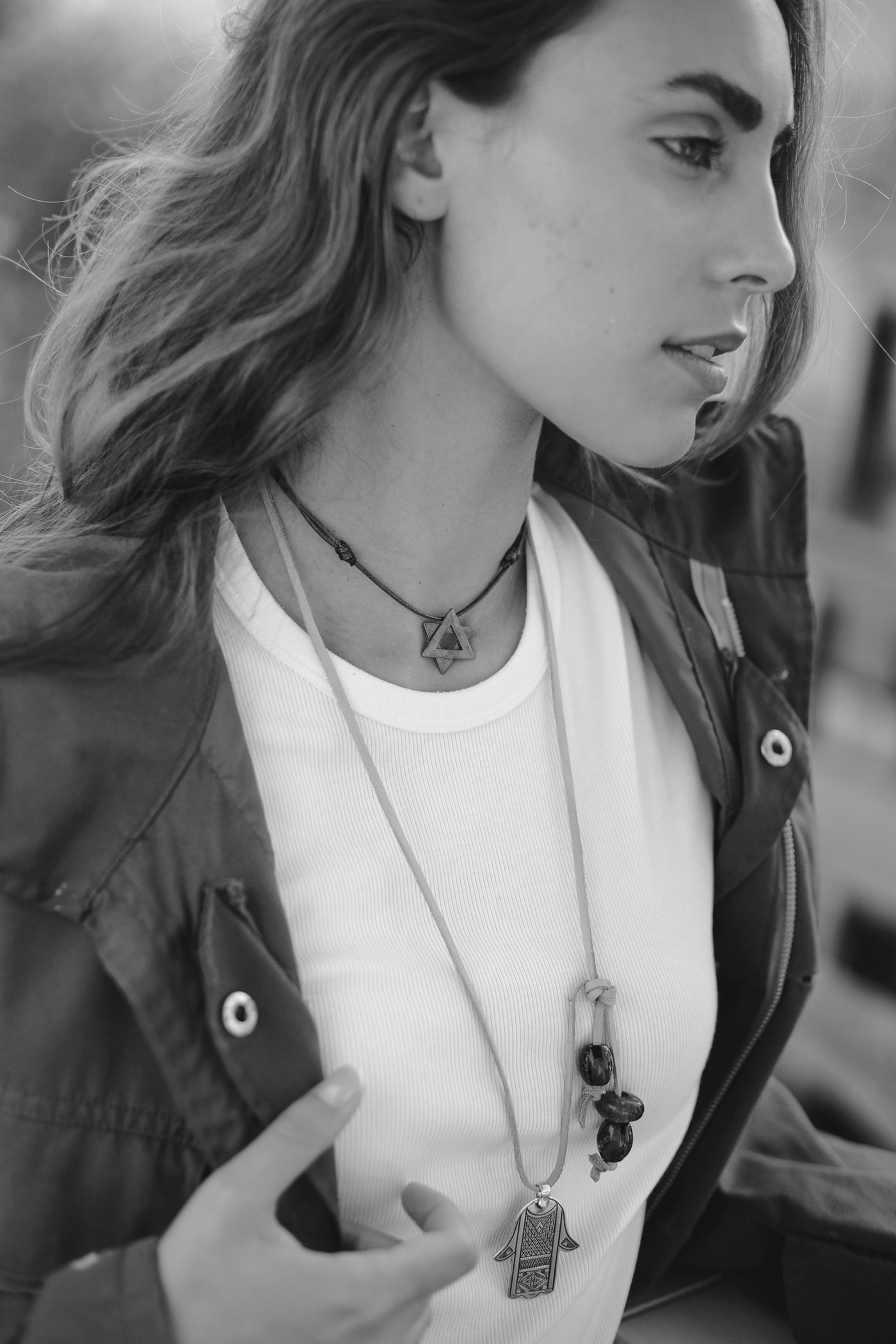 The pieces worn, in black and white